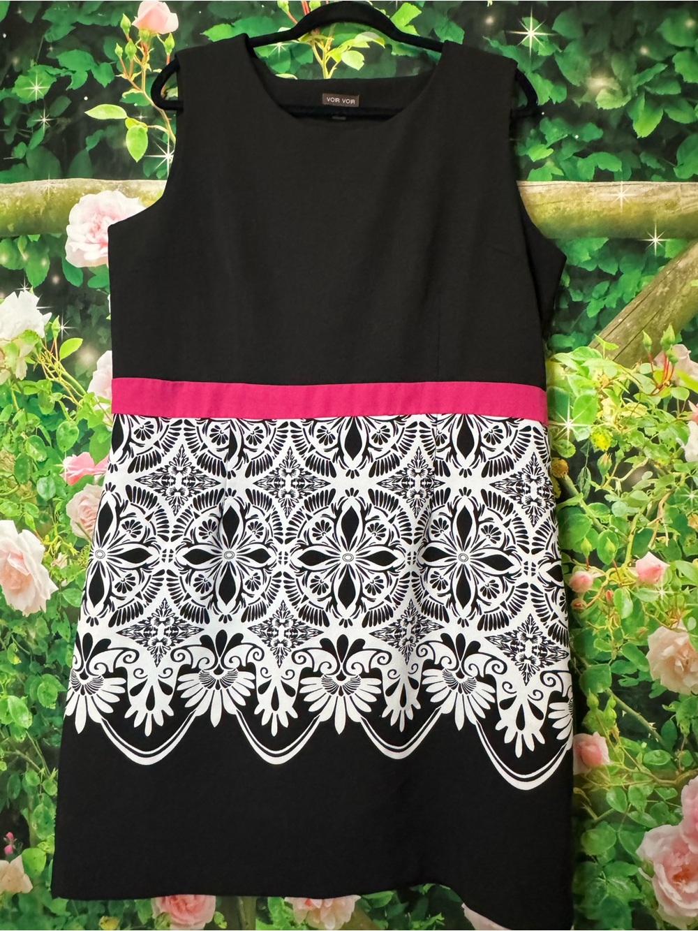 Voir Voir Black and White Medallion A-Line Dress with Pink Waistband